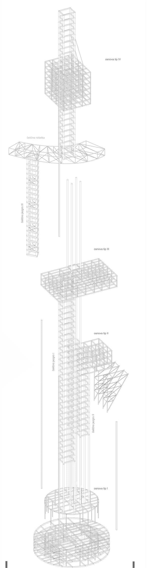 Exploded axonometric of the tower's structural systems
