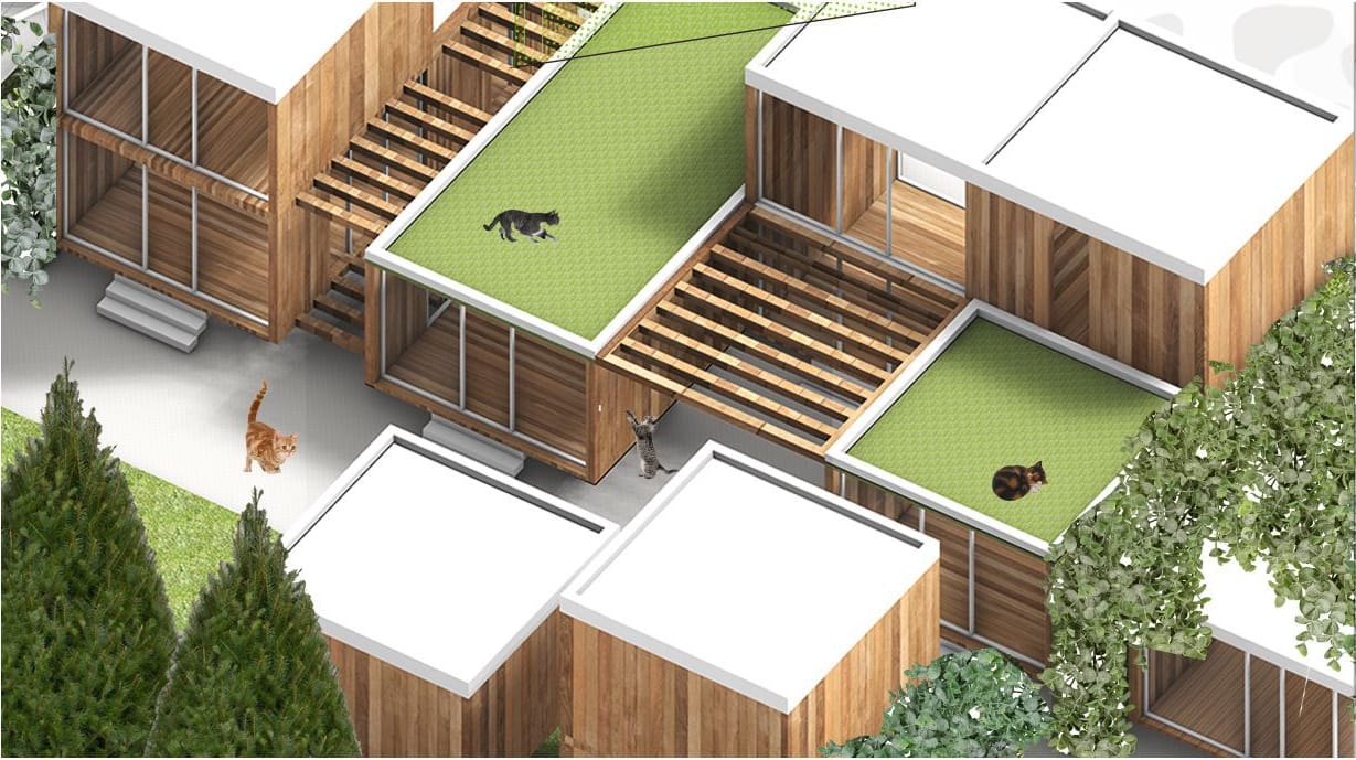 Axonometric of the modular units with green roofs
