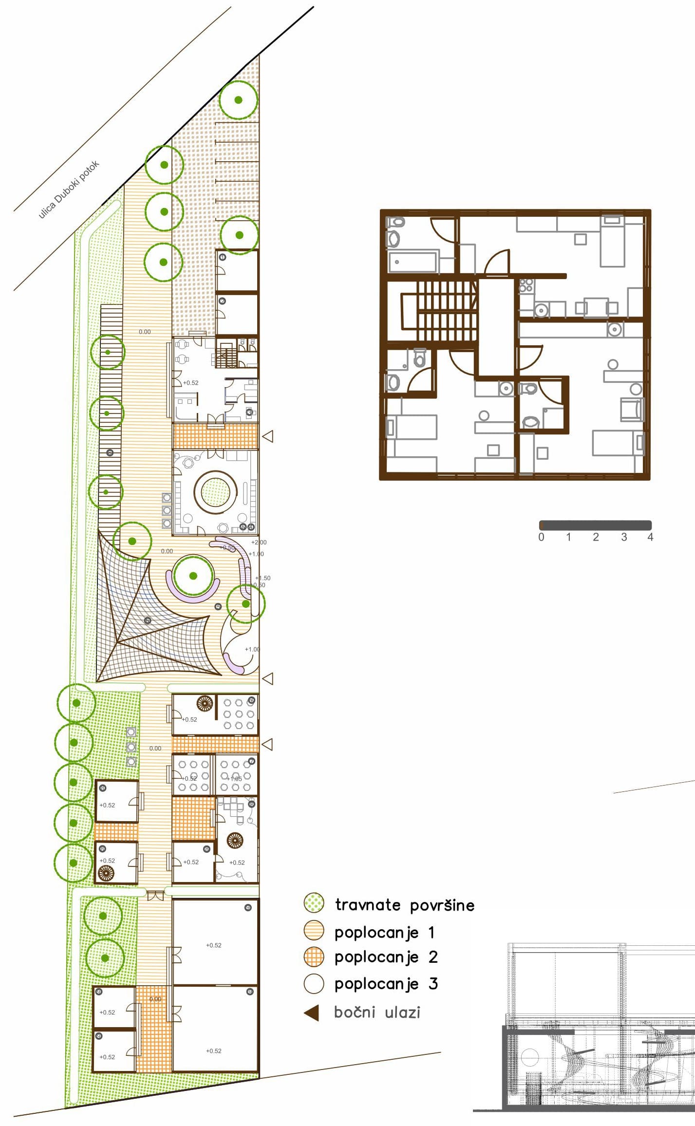 Site plan, unit plan and section