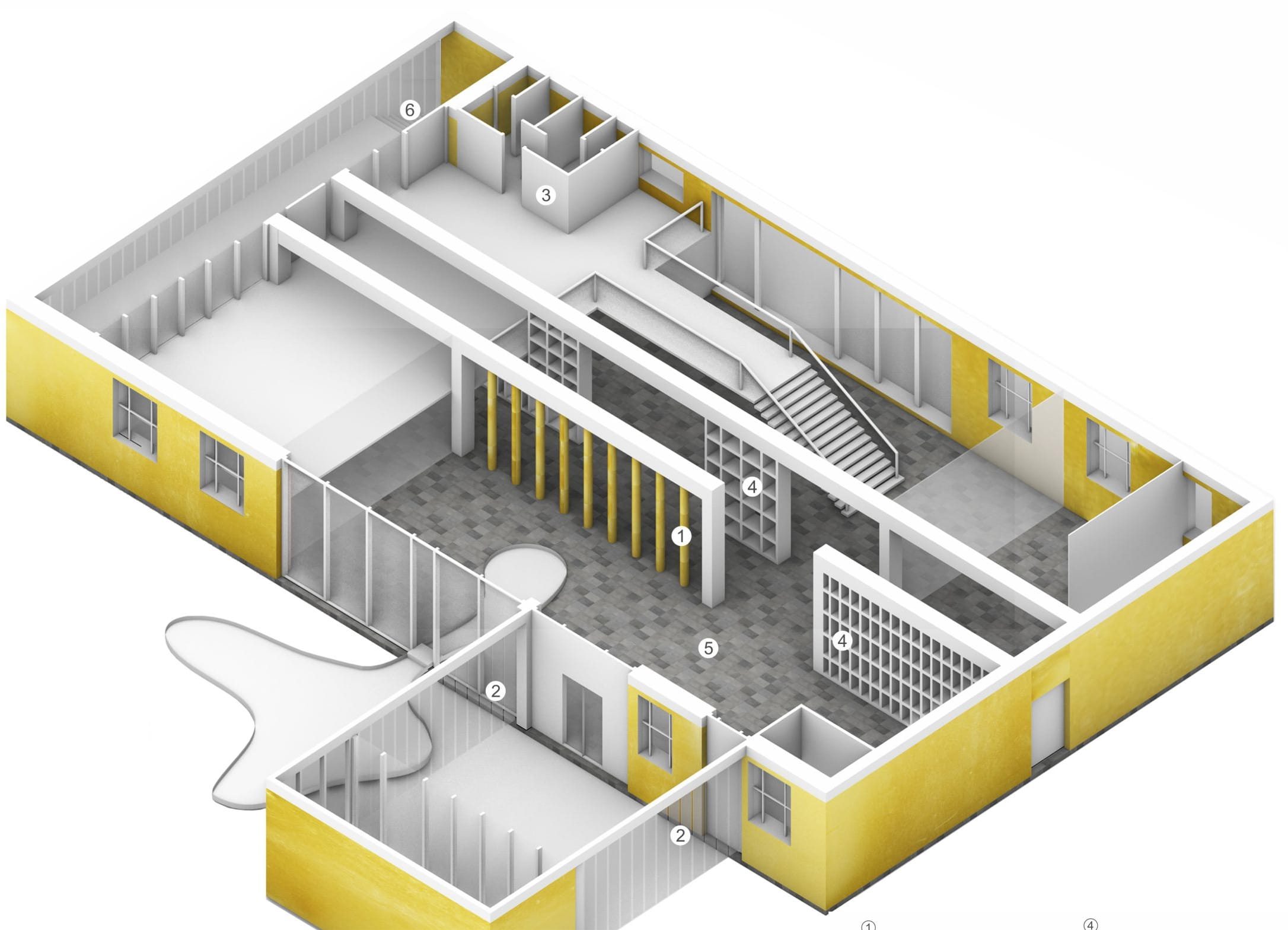 Axonometric cut of the Mint's interior with gold-toned walls