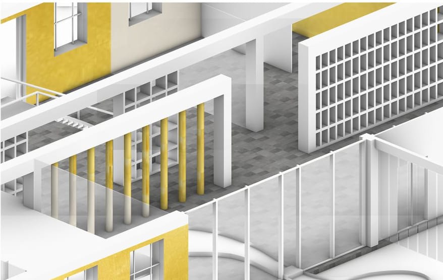 Axonometric detail: gold-toned walls and shelving