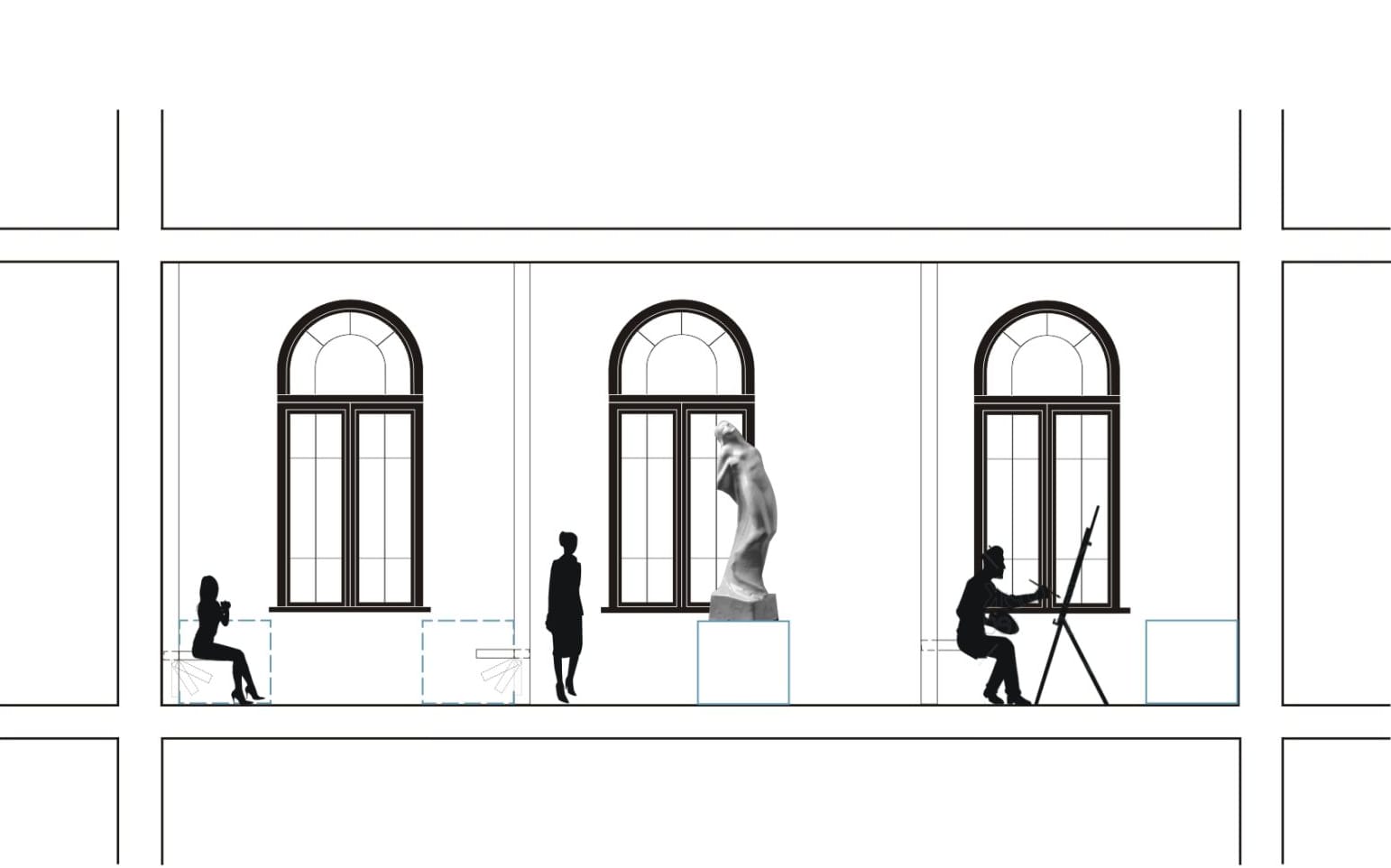 Section: exhibition, café and atelier under arched windows
