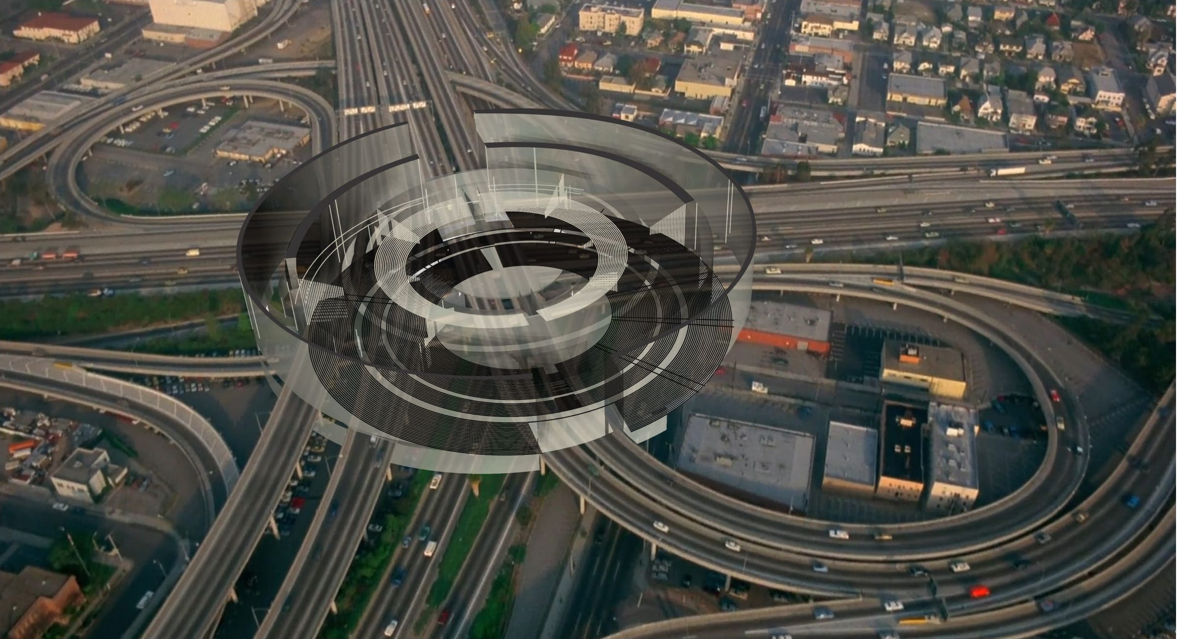 Render of the ring theatre floating over a highway interchange