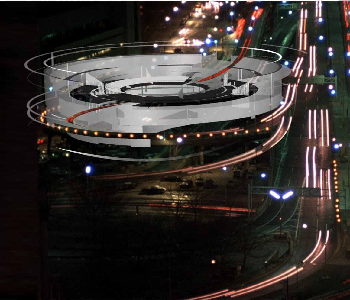 Night render of the ring among light trails