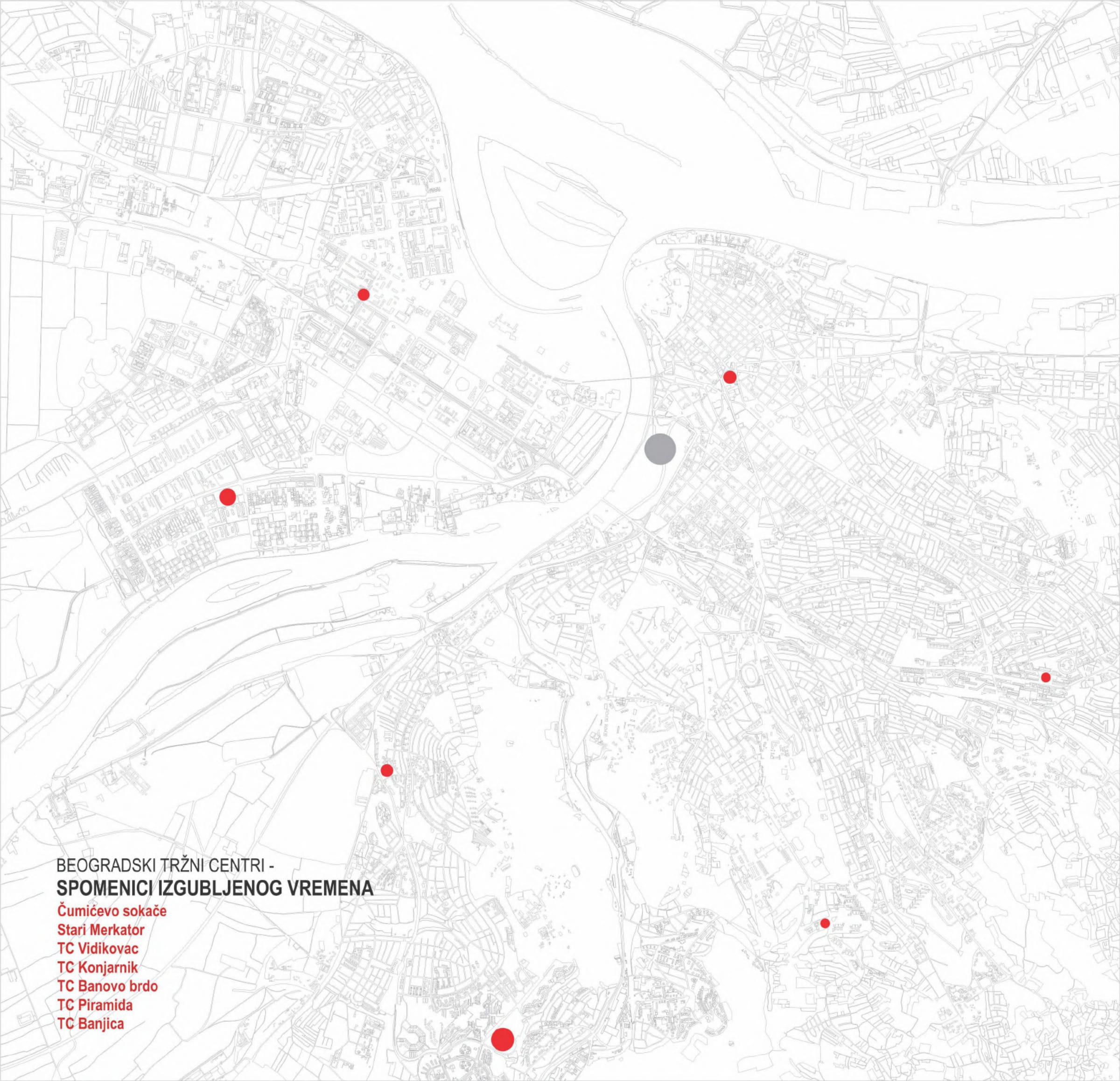 Map of the city with the sites in red