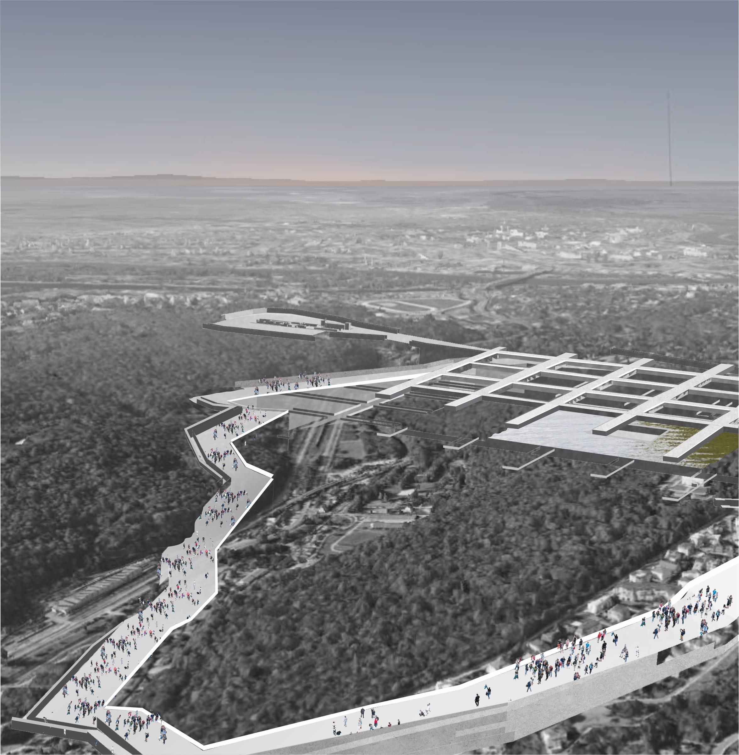 Aerial render: the superstructure crossing the forest toward the city