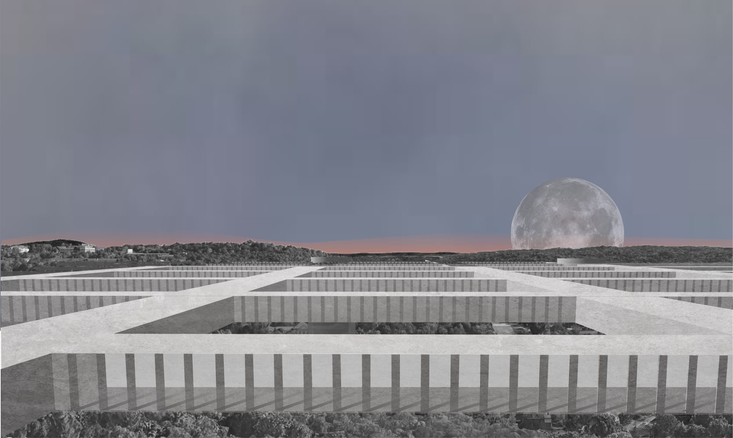 Render of the open square under a rising moon