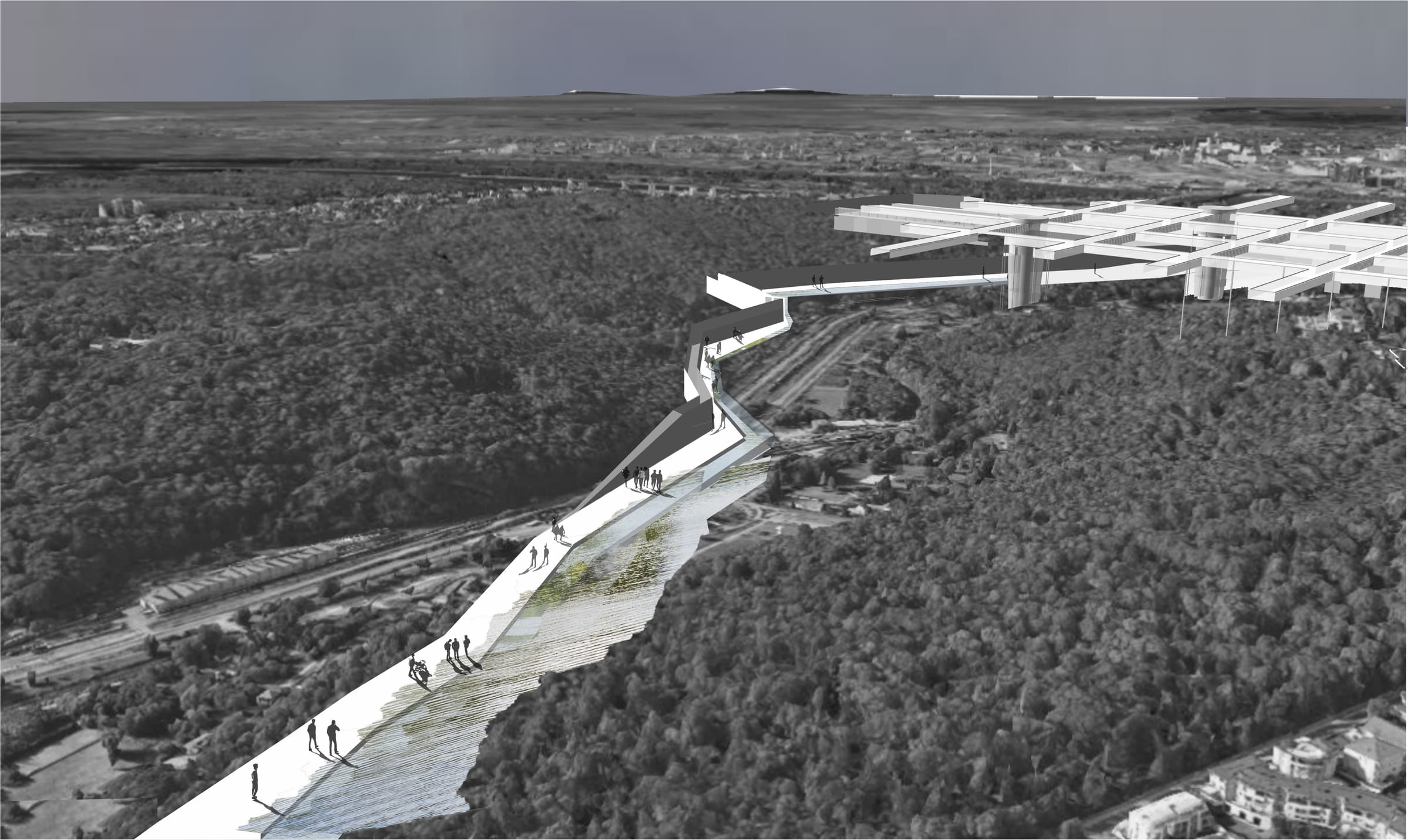 Aerial render of the raised walkway along the valley