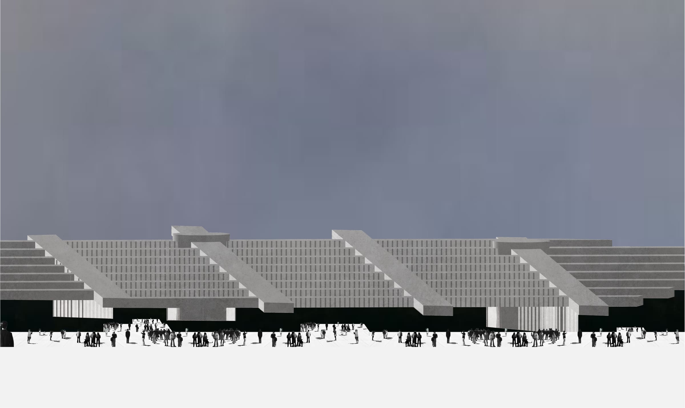 Elevation render of the superstructure with crowds below