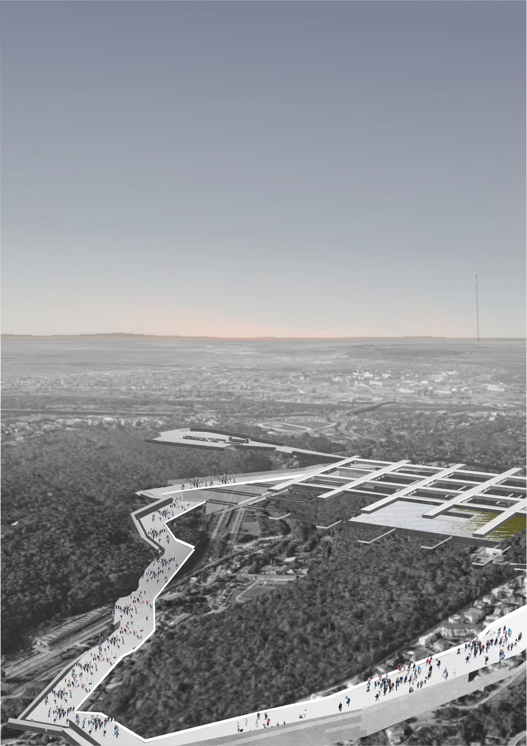 Aerial render of the valley, with the superstructure toward the city
