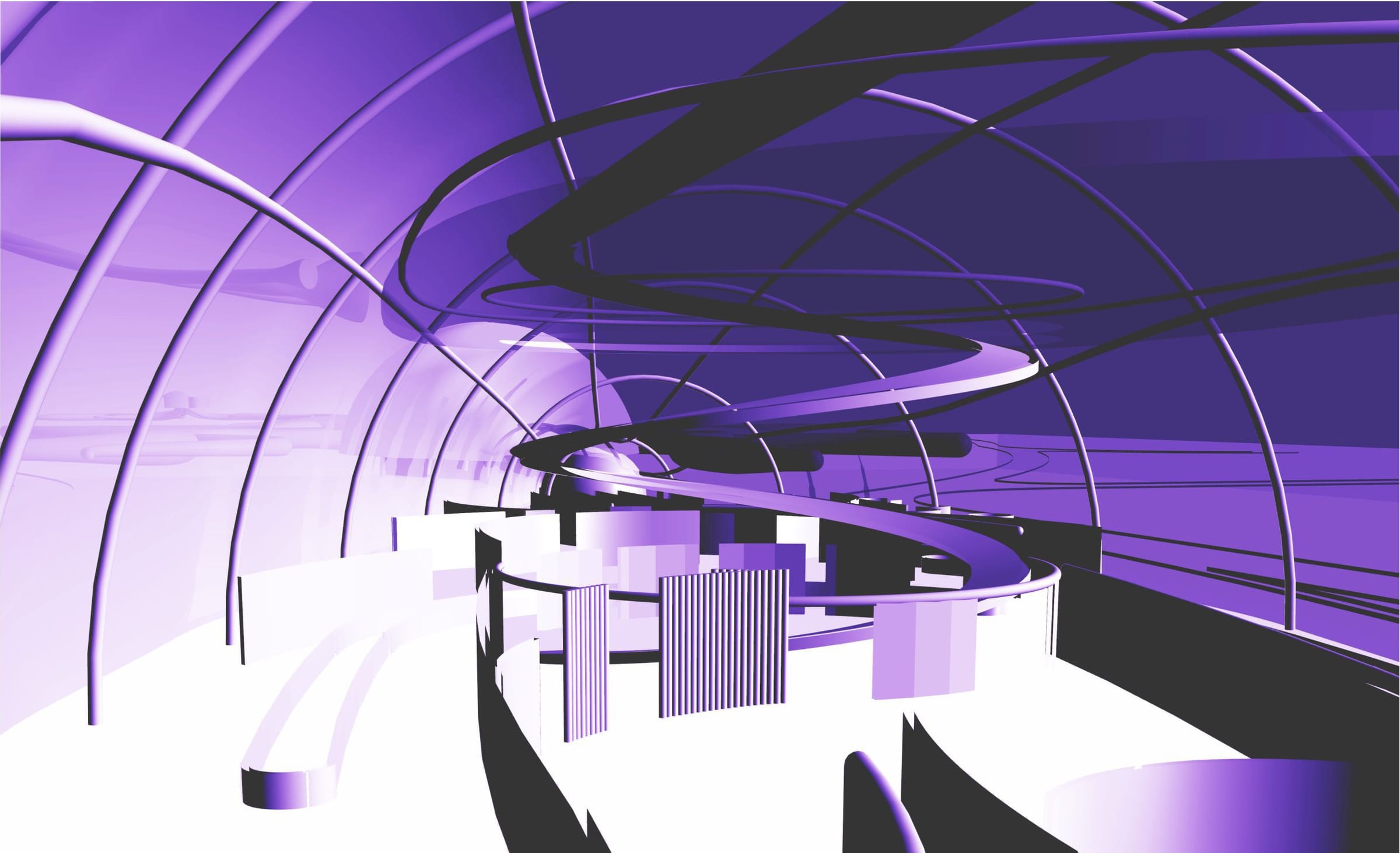 Interior render of the school in violet light