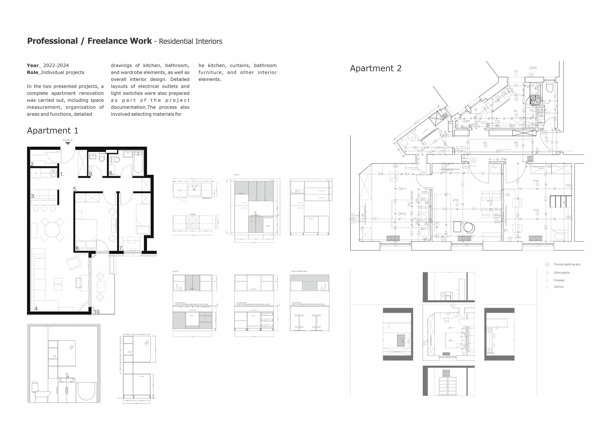 Portfolio board: plans and elevations of two apartments
