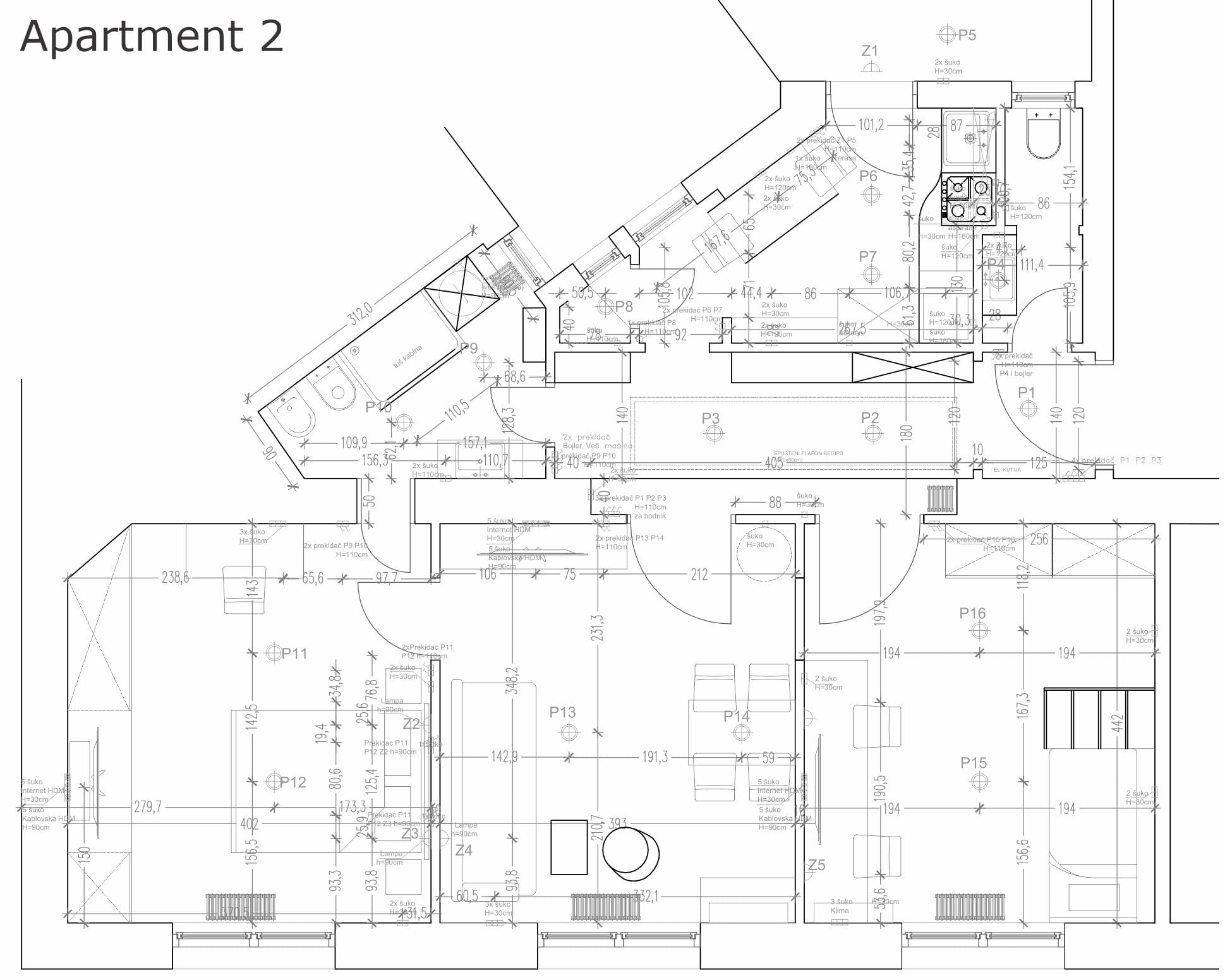 Apartment 2: plan with the lighting layout