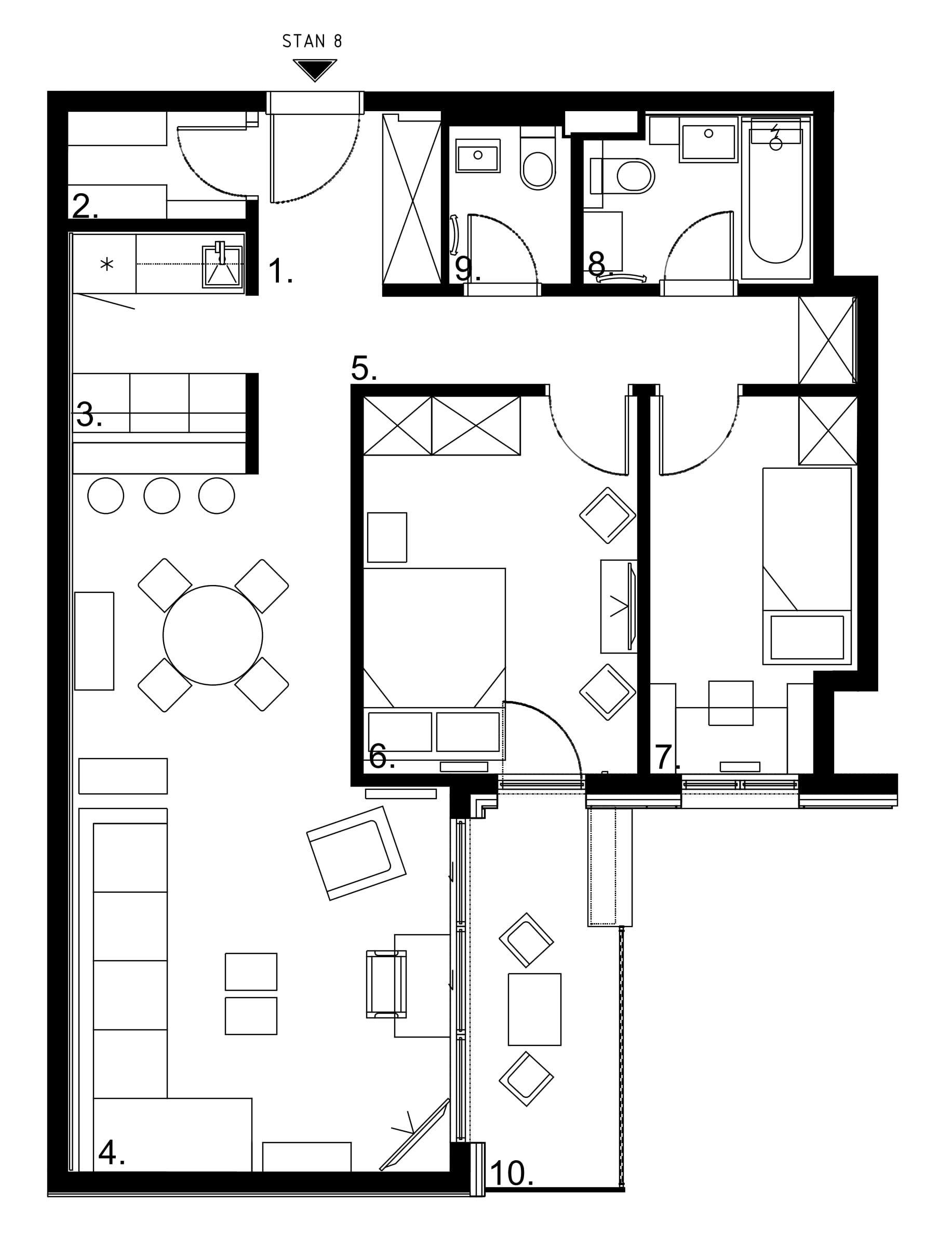 First apartment: plan with the rooms numbered