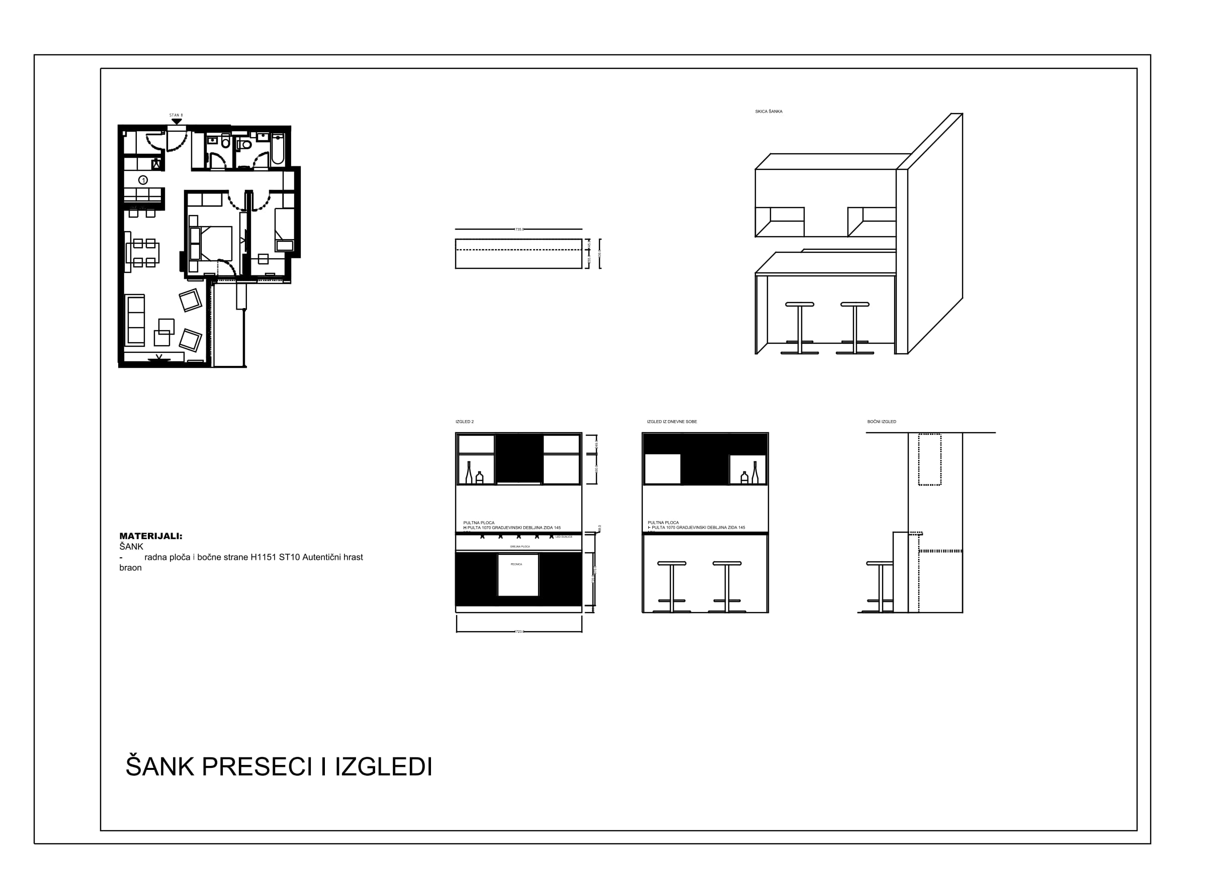First apartment: bar, sections and elevations