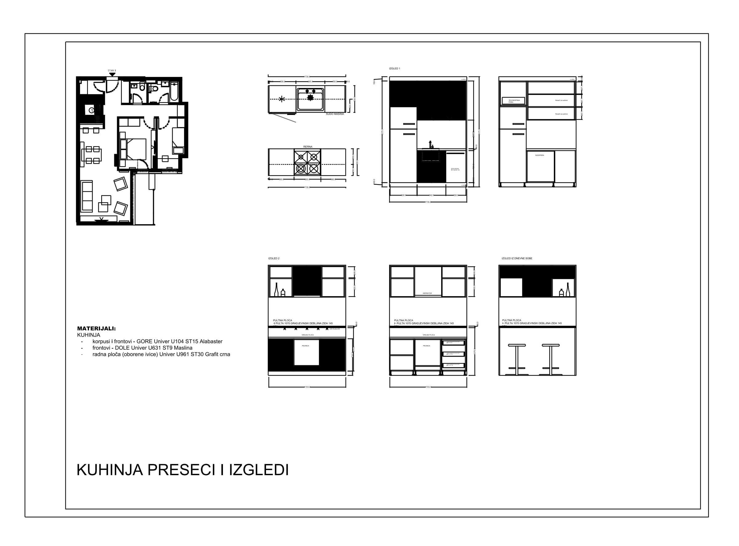 First apartment: kitchen, sections and elevations