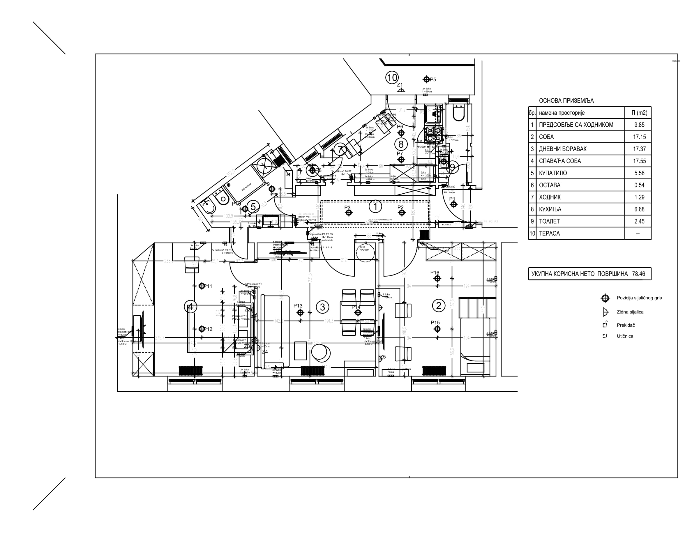 Second apartment: plan with a table of areas