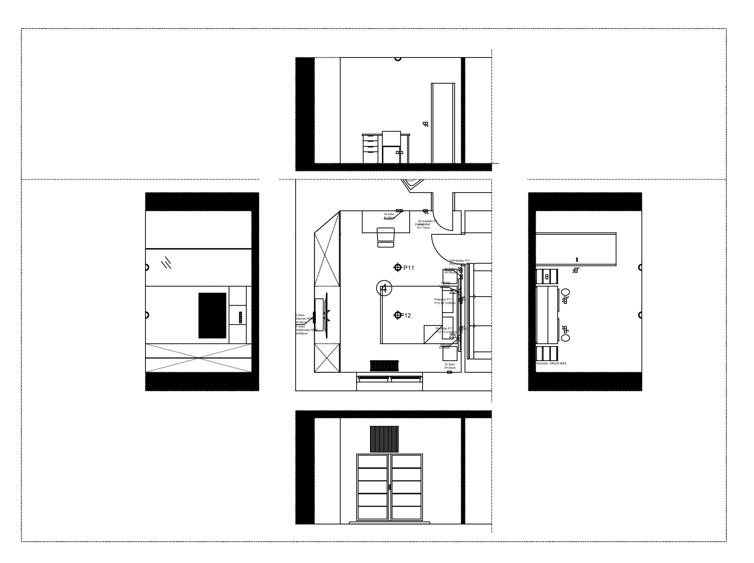 Second apartment: unfolded wall elevations of a room