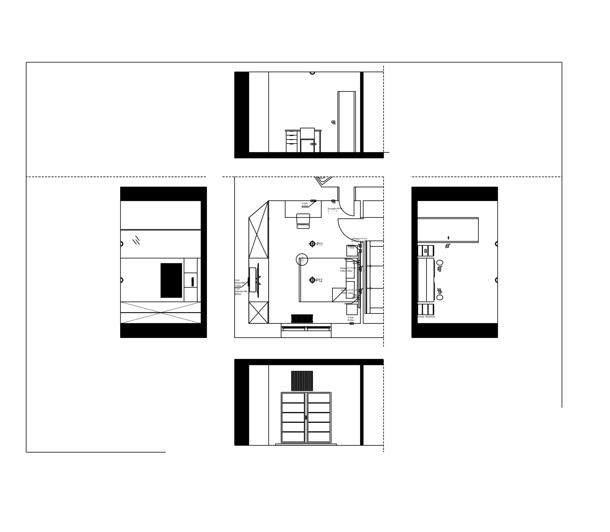 Second apartment: unfolded wall elevations, earlier version