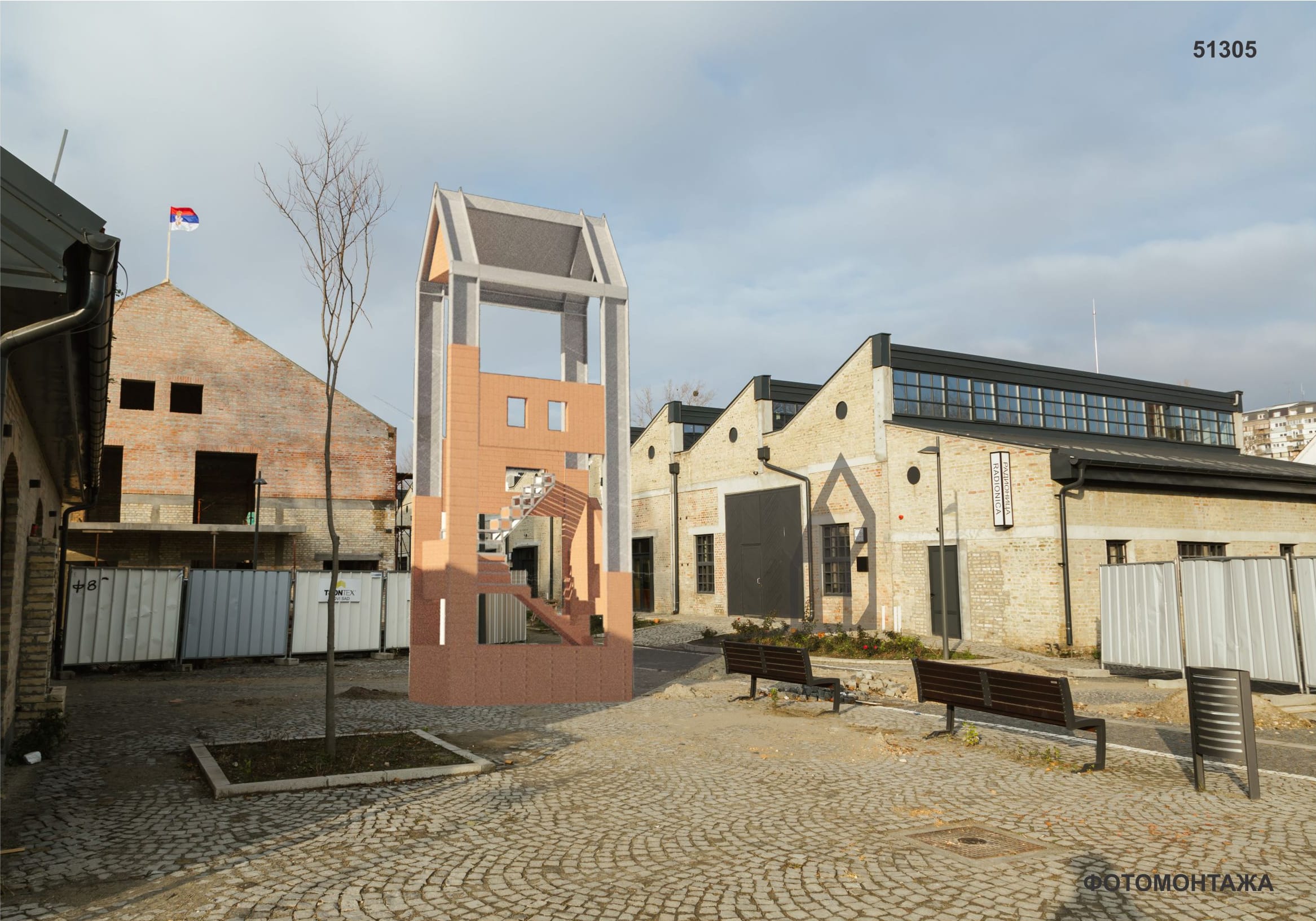 Photomontage of the brick installation in a courtyard in Liman