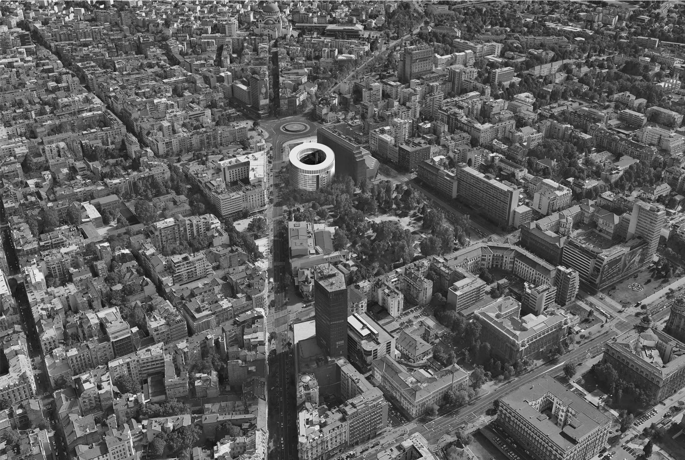 Aerial photomontage of the cylindrical building at Slavija, Belgrade