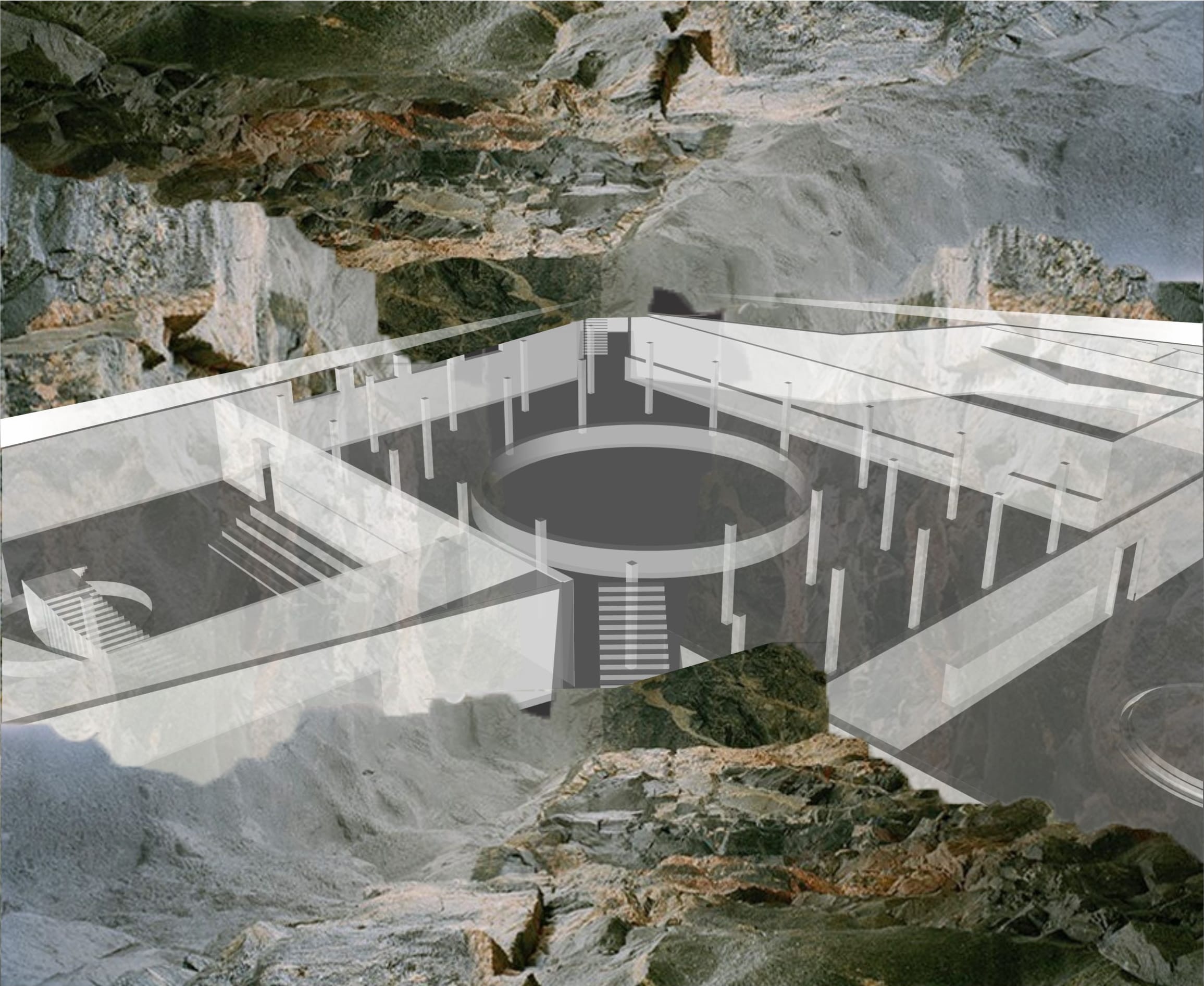 Render of an underground exhibition hall in the lagums