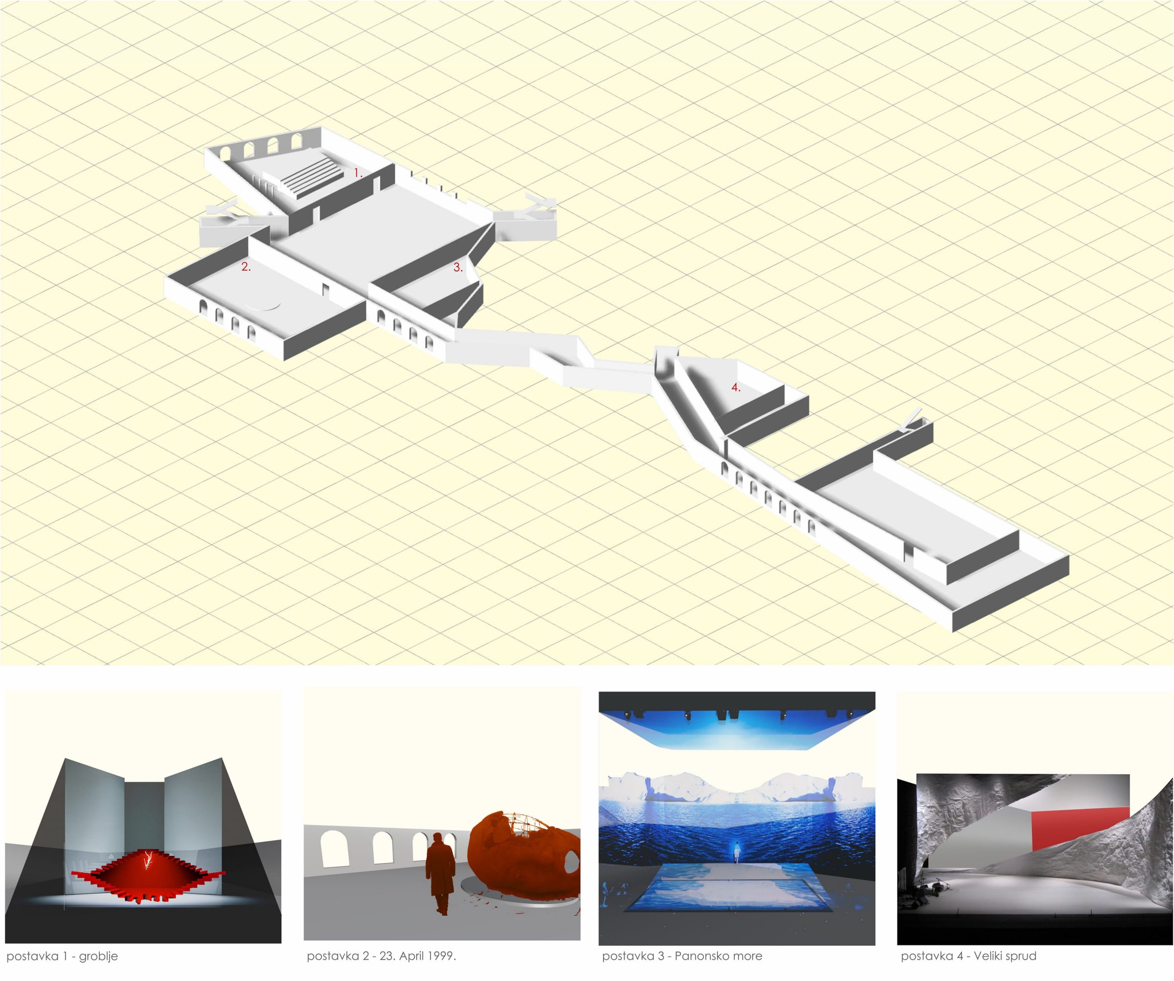 Board: axonometric of the lagums and the four installation rooms