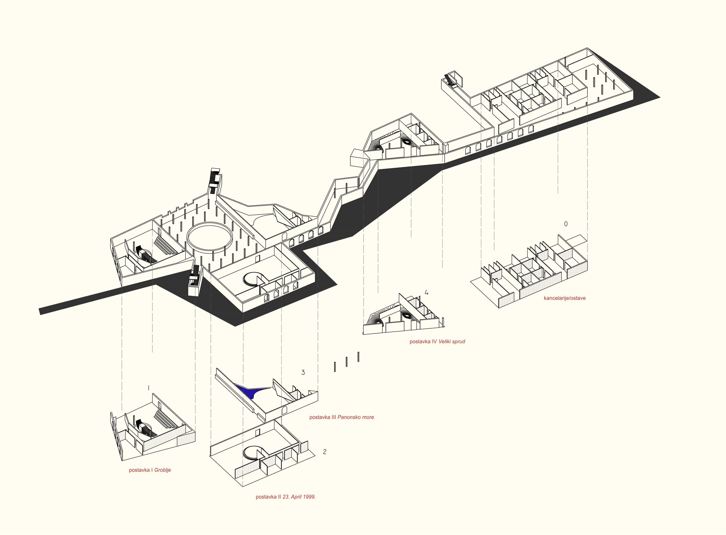 Exploded axonometric of the lagum rooms