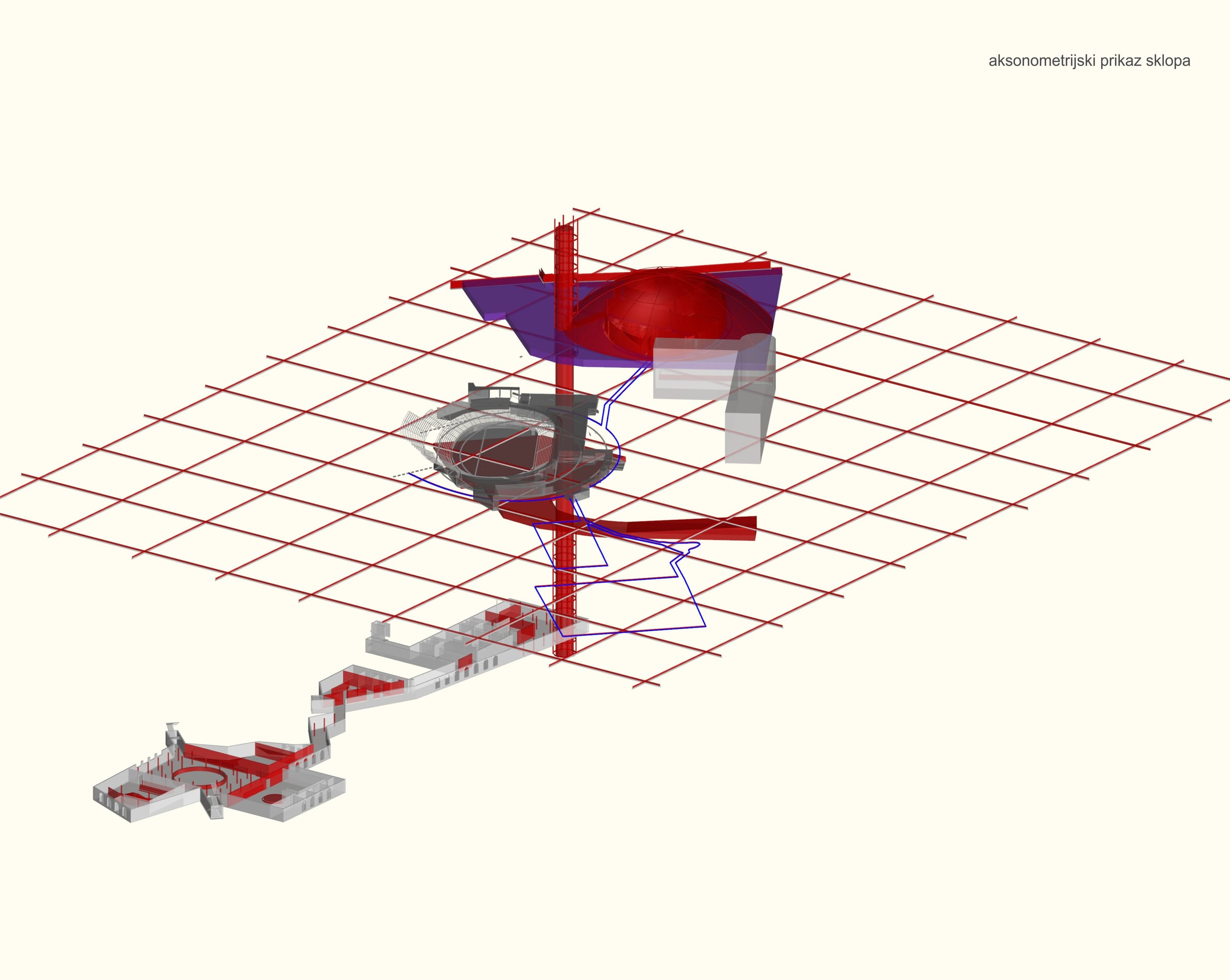 Axonometric of the lagums on a red grid