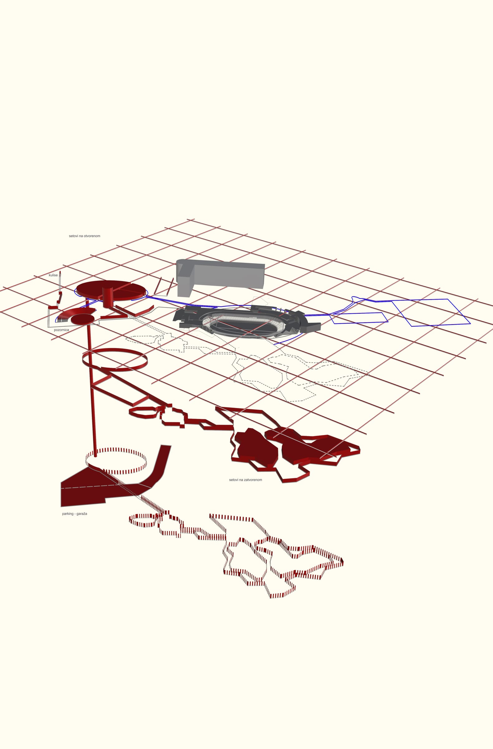 Axonometric of the lagum network in red