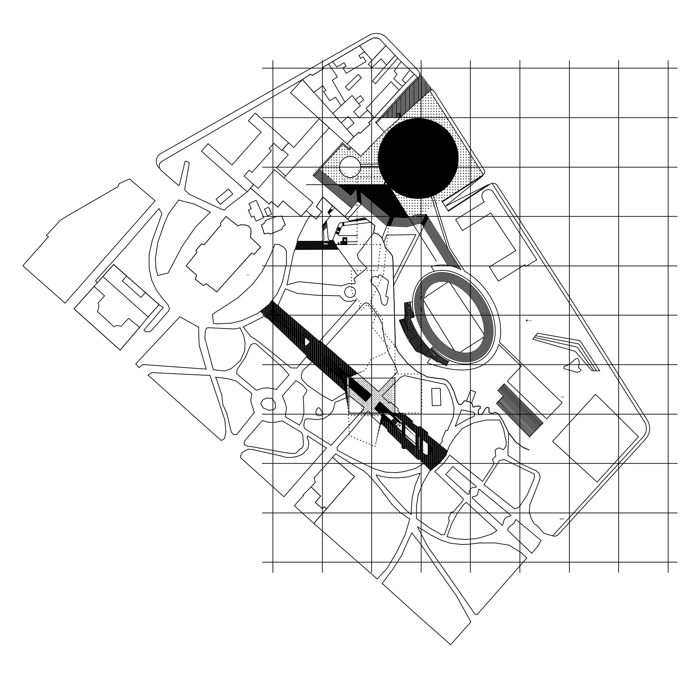 Site plan on the grid, with the red sphere