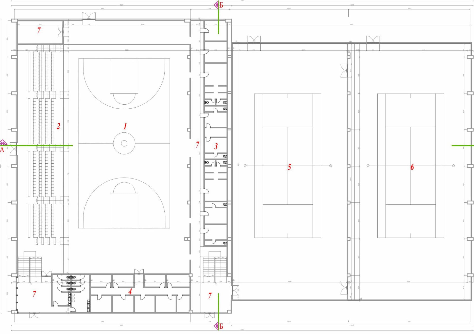 Plan of the sports hall with its courts
