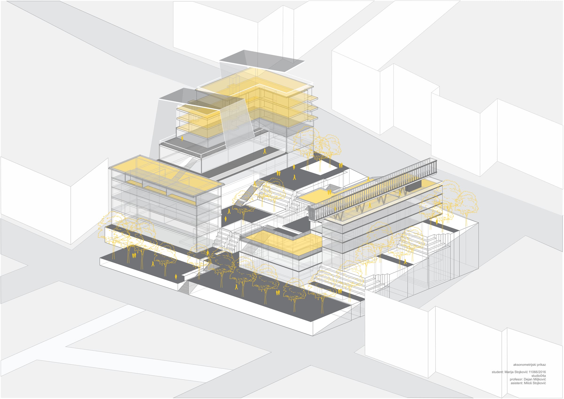 Axonometric of the floors in yellow