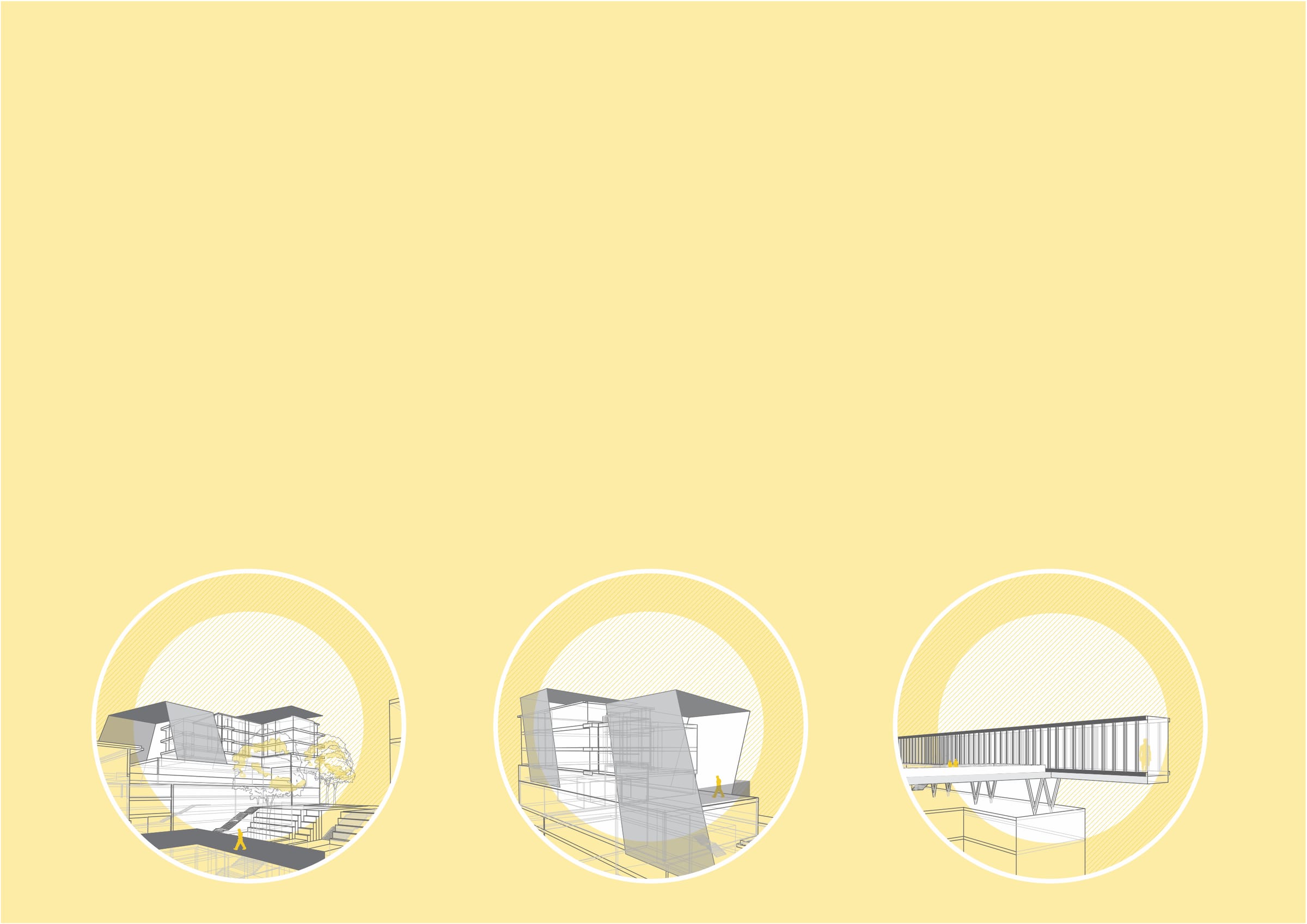 Three views in circles on yellow