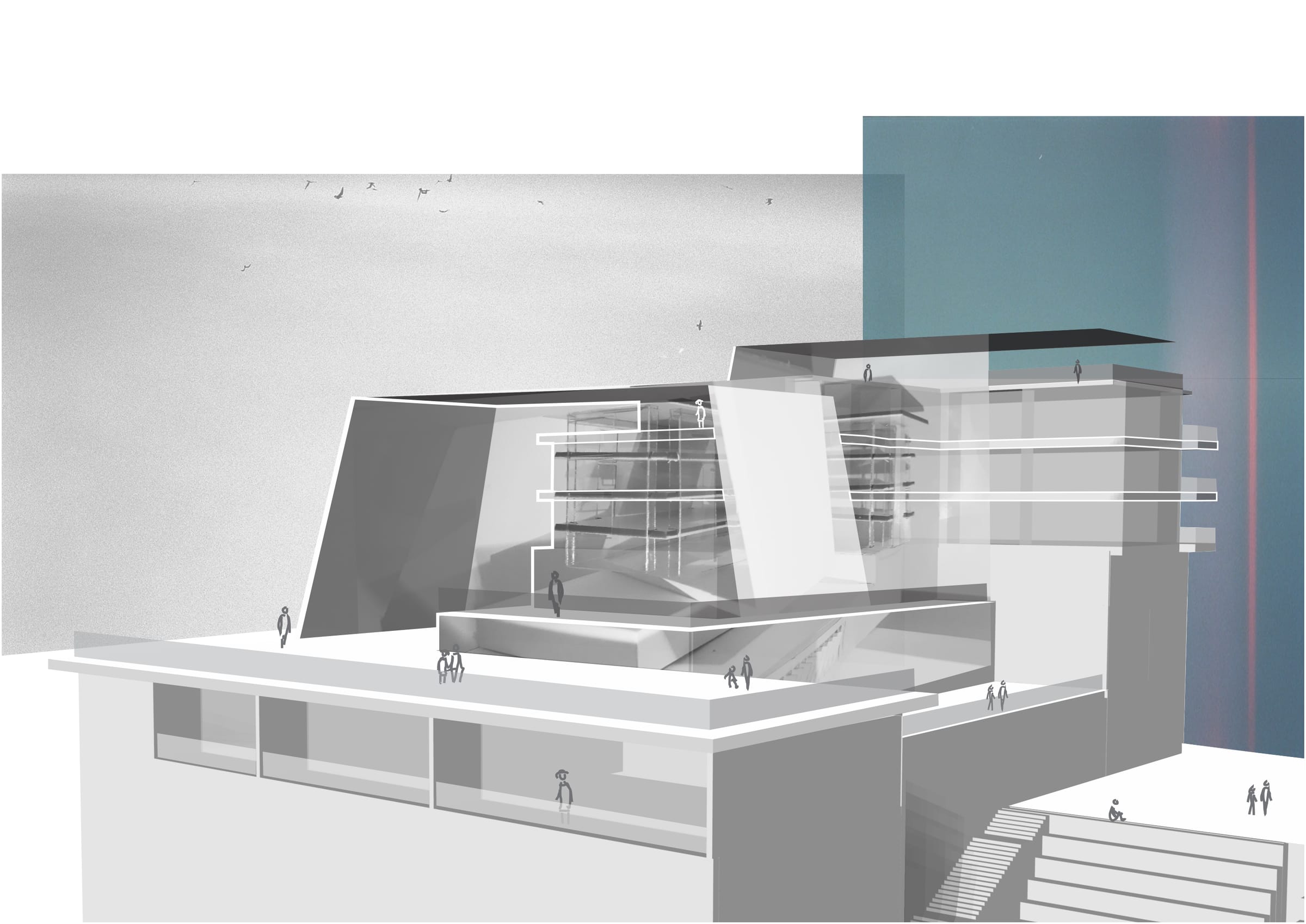 Render of the building with people on the terrace