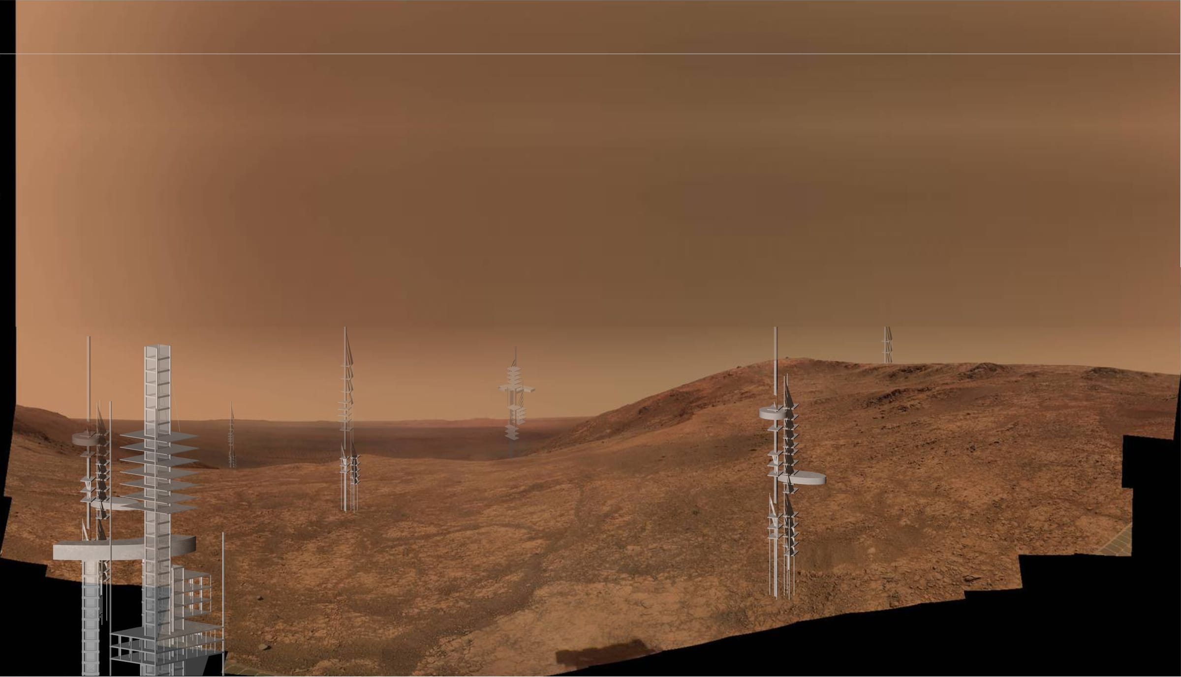 Photomontage of towers in a desert landscape