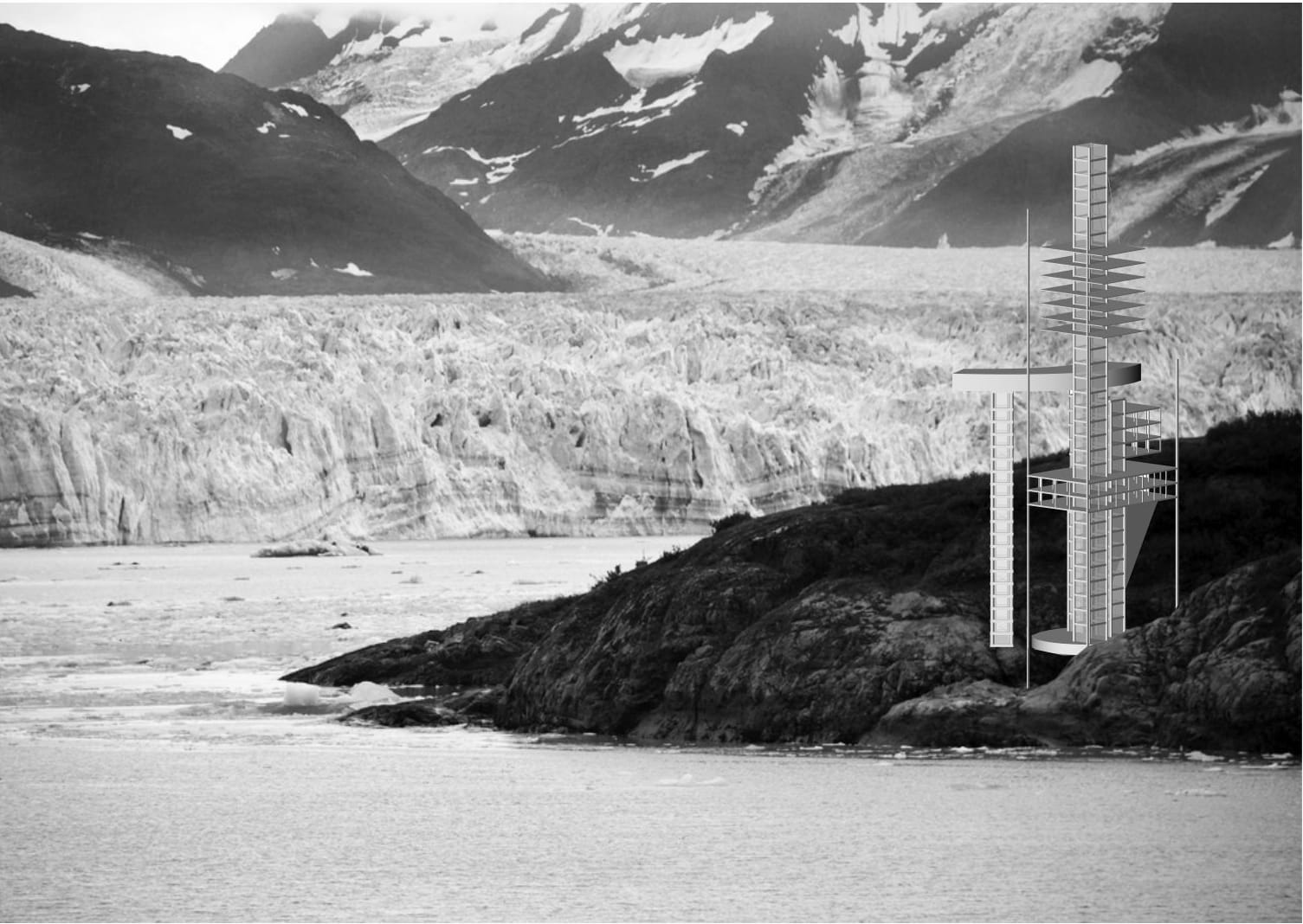 Photomontage of the tower on a rocky shore before a glacier