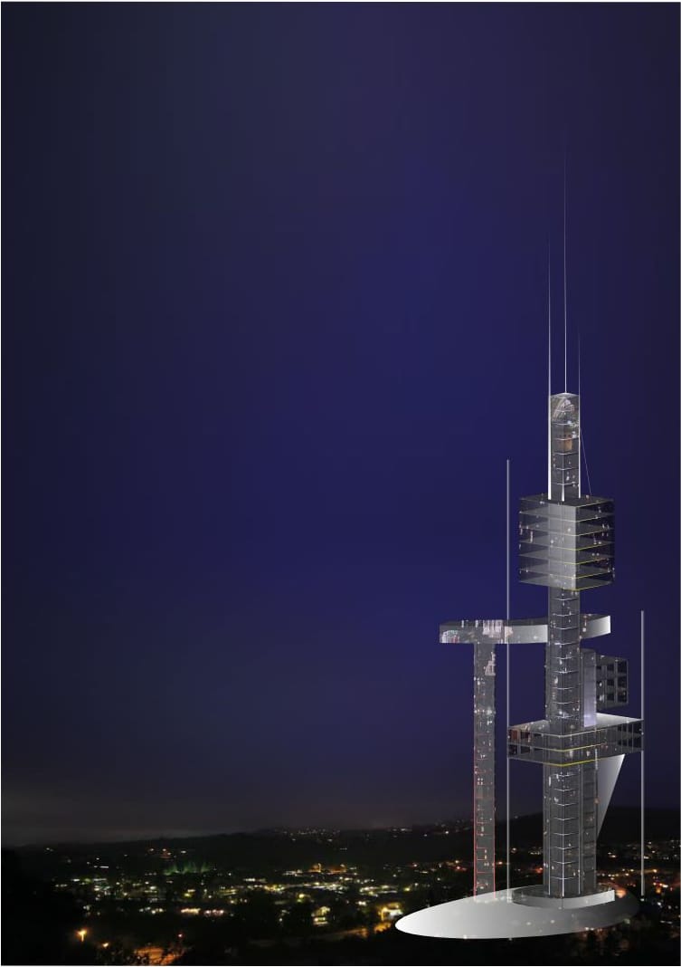 Night render of the tower over the city