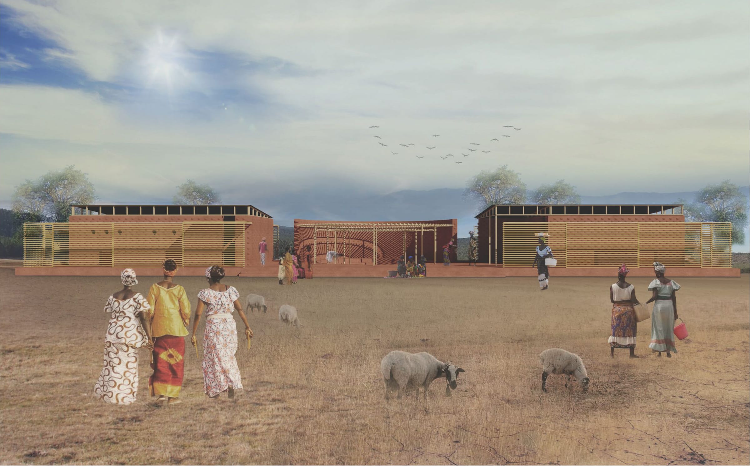 Render of the Women's House in the village landscape