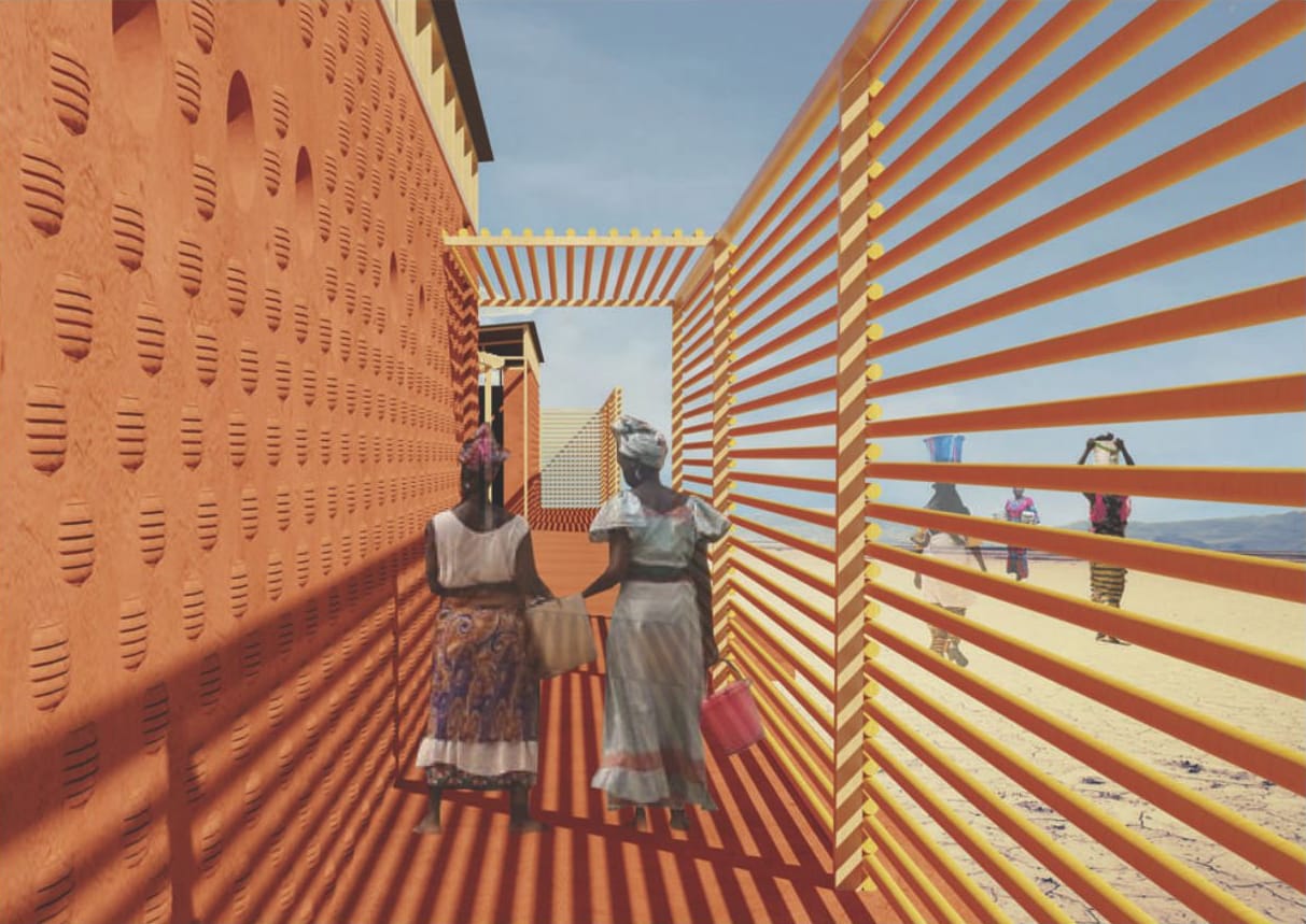 Render of the passage between earth walls and bamboo shading